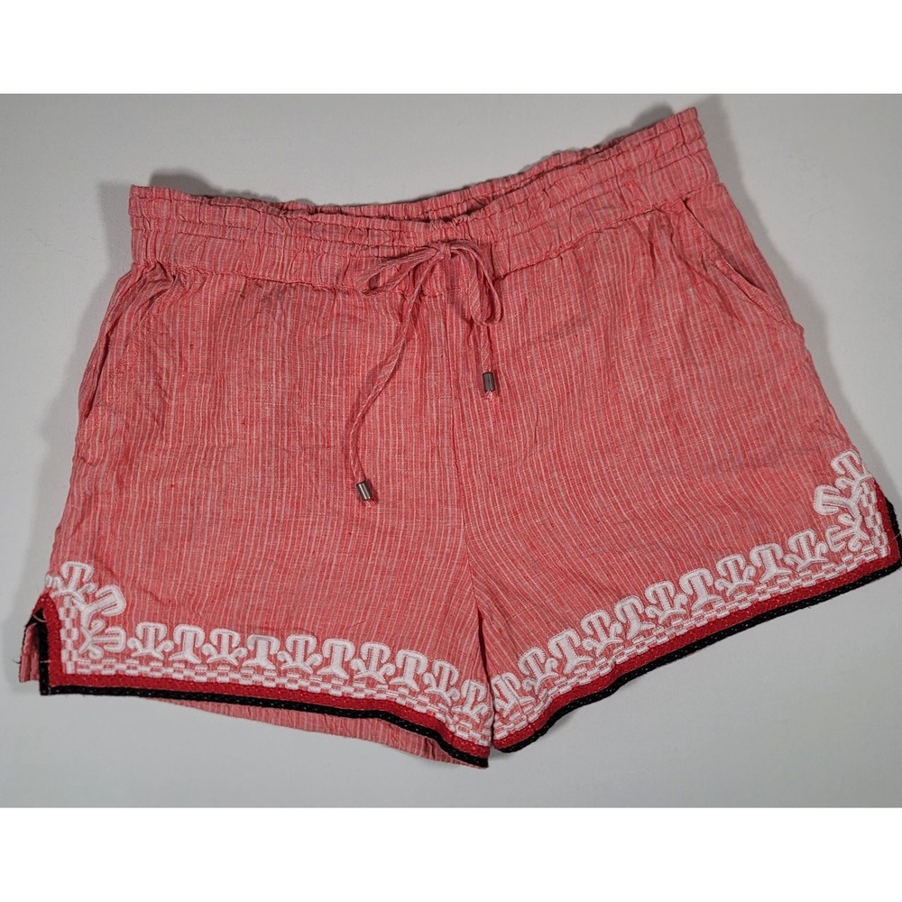 Anthropologie Womens Linen Embroidered Pull On Shorts Pink Stripe Medium